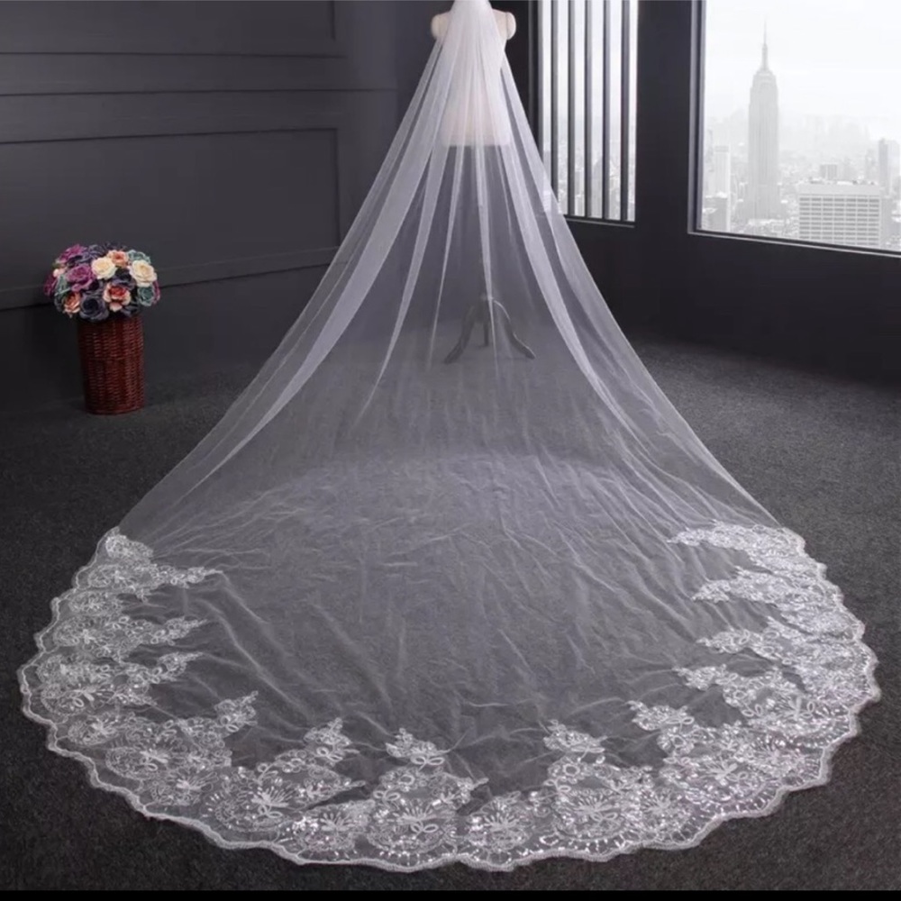 Delicate White Lace-Edged Bridal Veil - Romantic Cathedral Style
